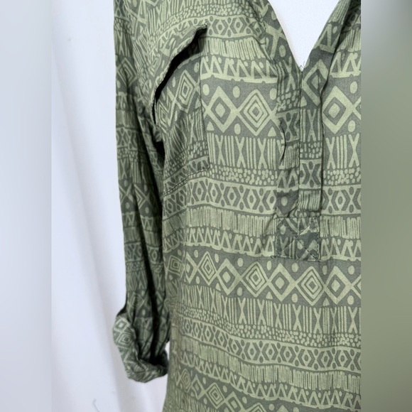 Poof Green Long Sleeve Collared V-Neck Tunic Dress With Aztec Print Stripes - Picture 3 of 10